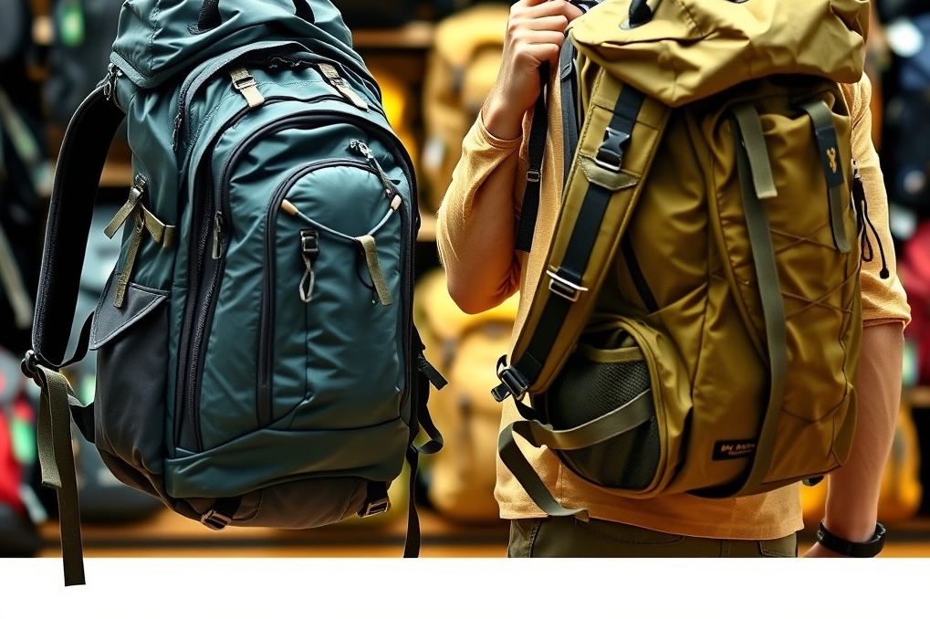 Traveler in store comparing small and large backpacks, examining compartments and features