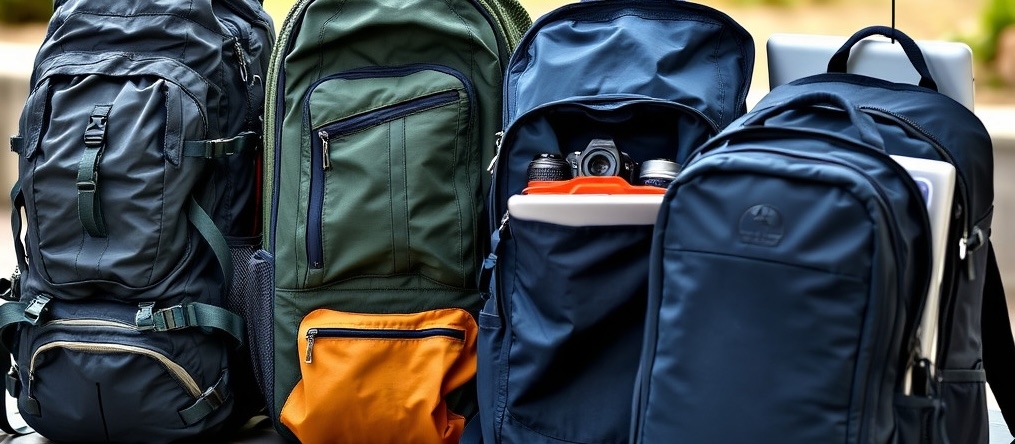 Specialized backpacks displayed outdoors, showing different materials and uses like hiking and photography