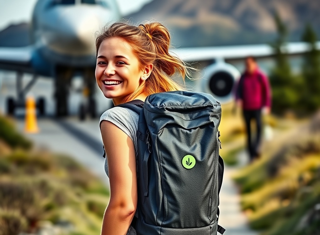 Happy traveler with well-fitted backpack setting off on journey, showing eco-friendly and tech features