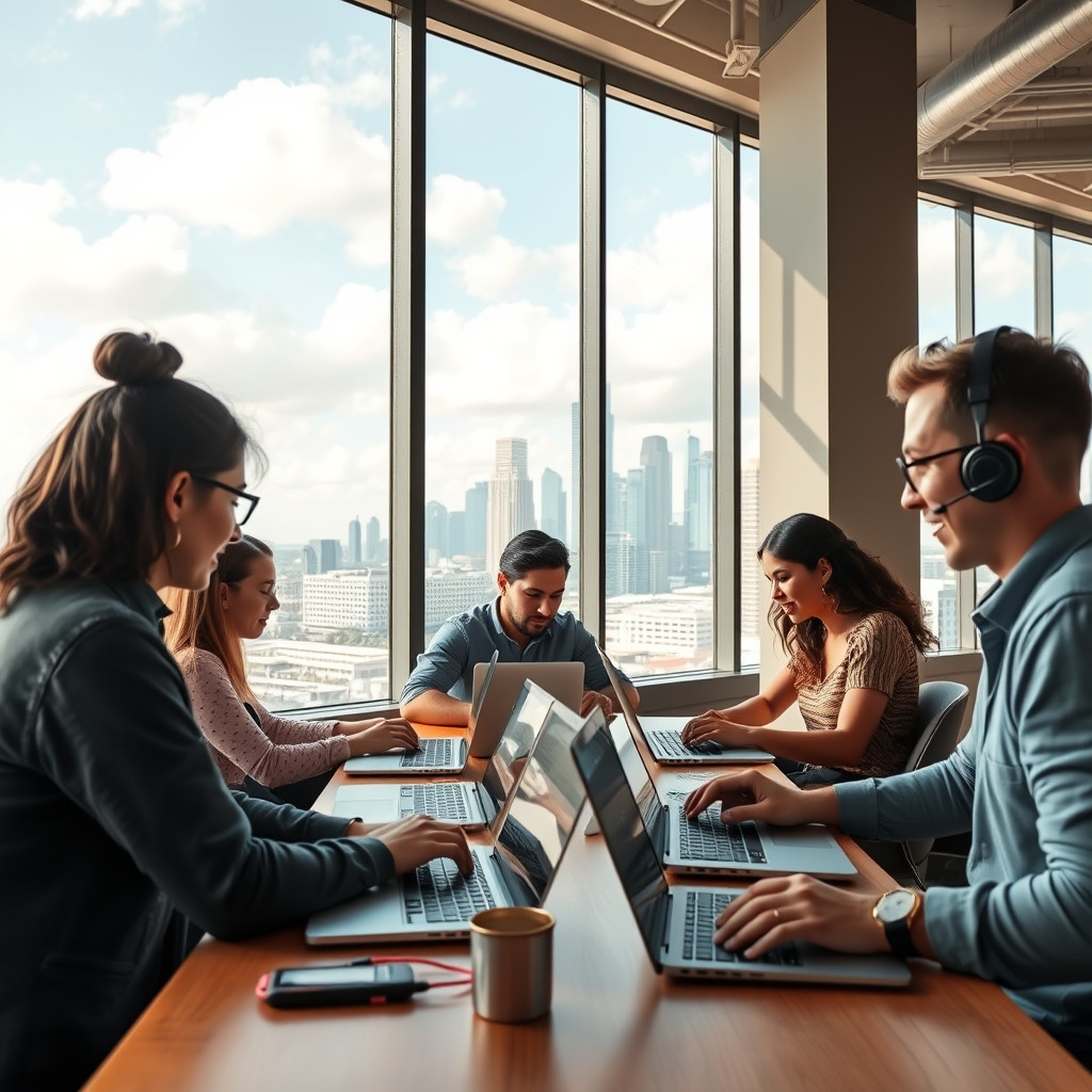 Digital nomads working in a modern Houston co-working space with skyline views