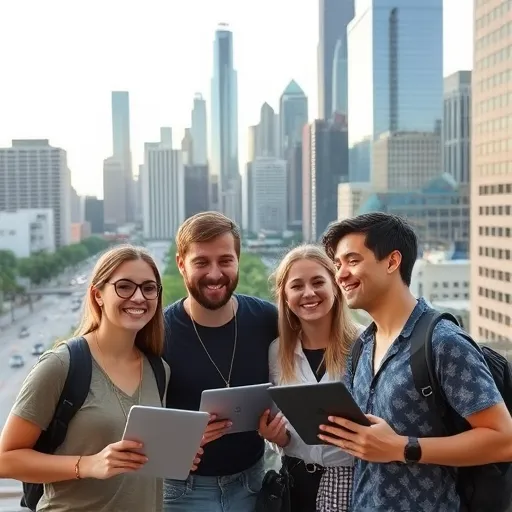 Digital nomads getting preparing for a presentation in Houston with city skyline in the background