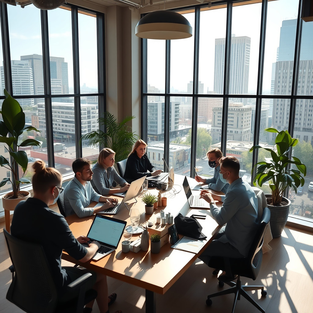 Professionals collaborating in a modern Houston co-working space with city views