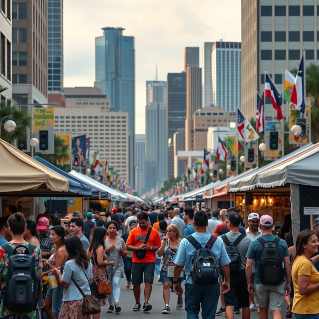 People enjoying a vibrant cultural street festival in Houston with music and food