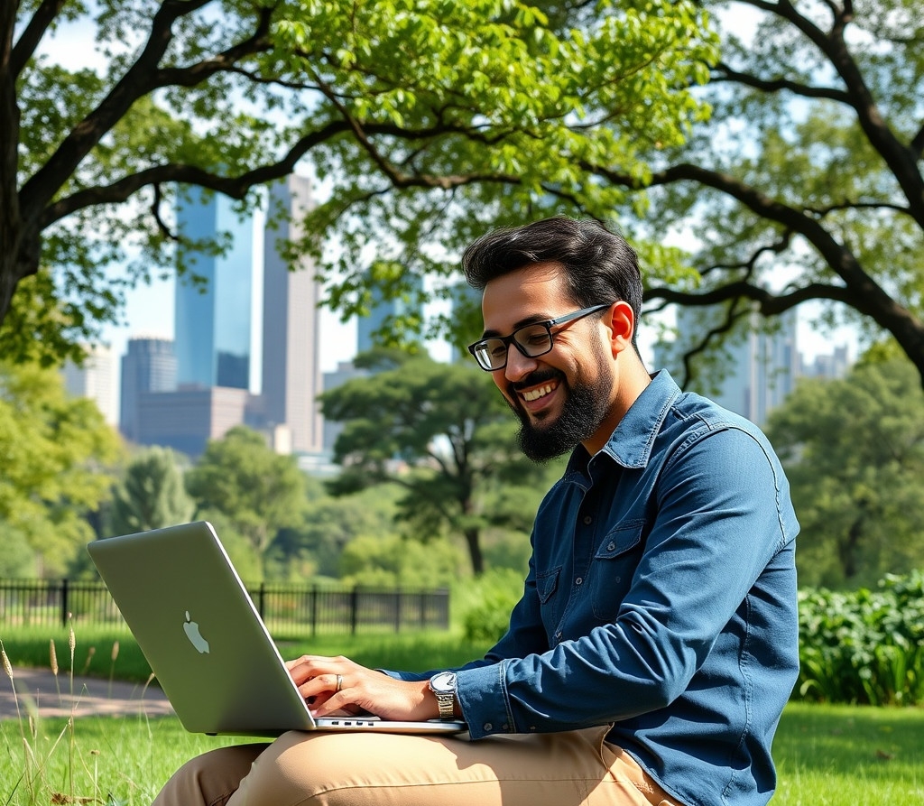 Digital nomad working with his internet online in a Houston park with city skyline in the background