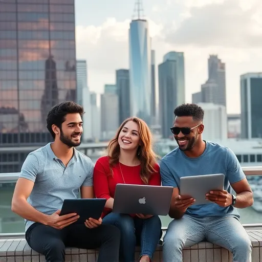 Young digital nomads enjoying Houston's vibrant city life with skyline in the background