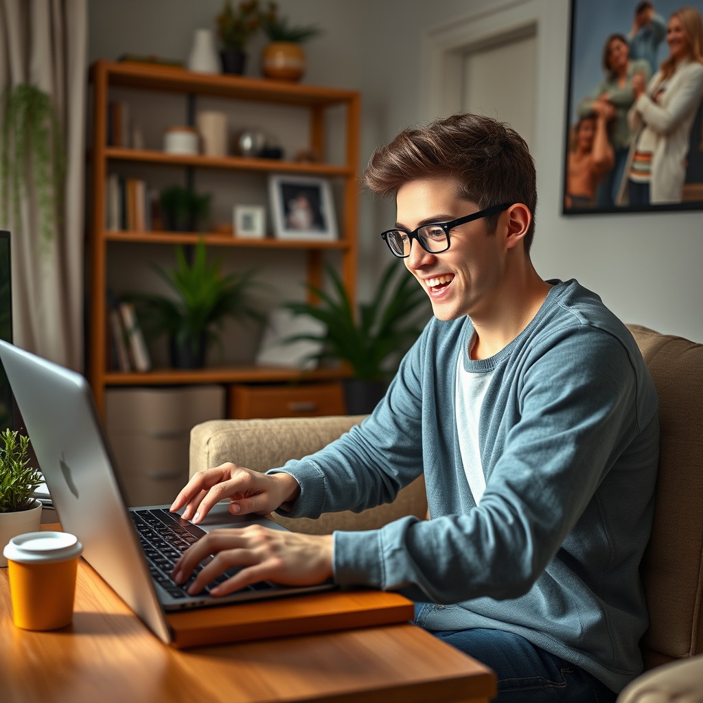 A young professional working from home on a laptop, kickstarting an online entry-level job