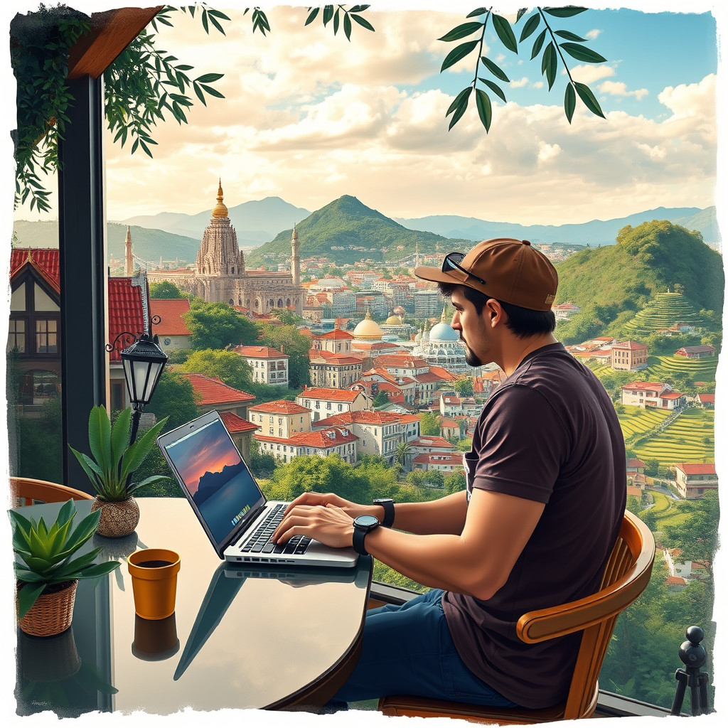 Digital nomad working in a café with Lisbon skyline, temples, mountains, and trees in background