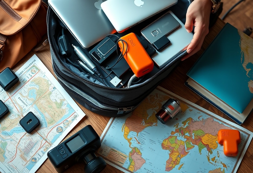 Digital nomad organizing travel essentials like laptop, chargers, and gear into a backpack