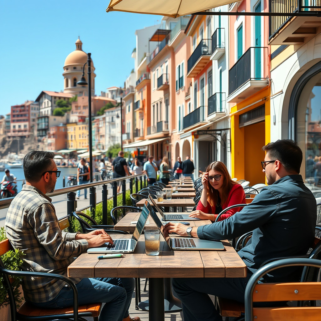 Digital nomads enjoying remote work at an outdoor café in a bustling coastal city during March