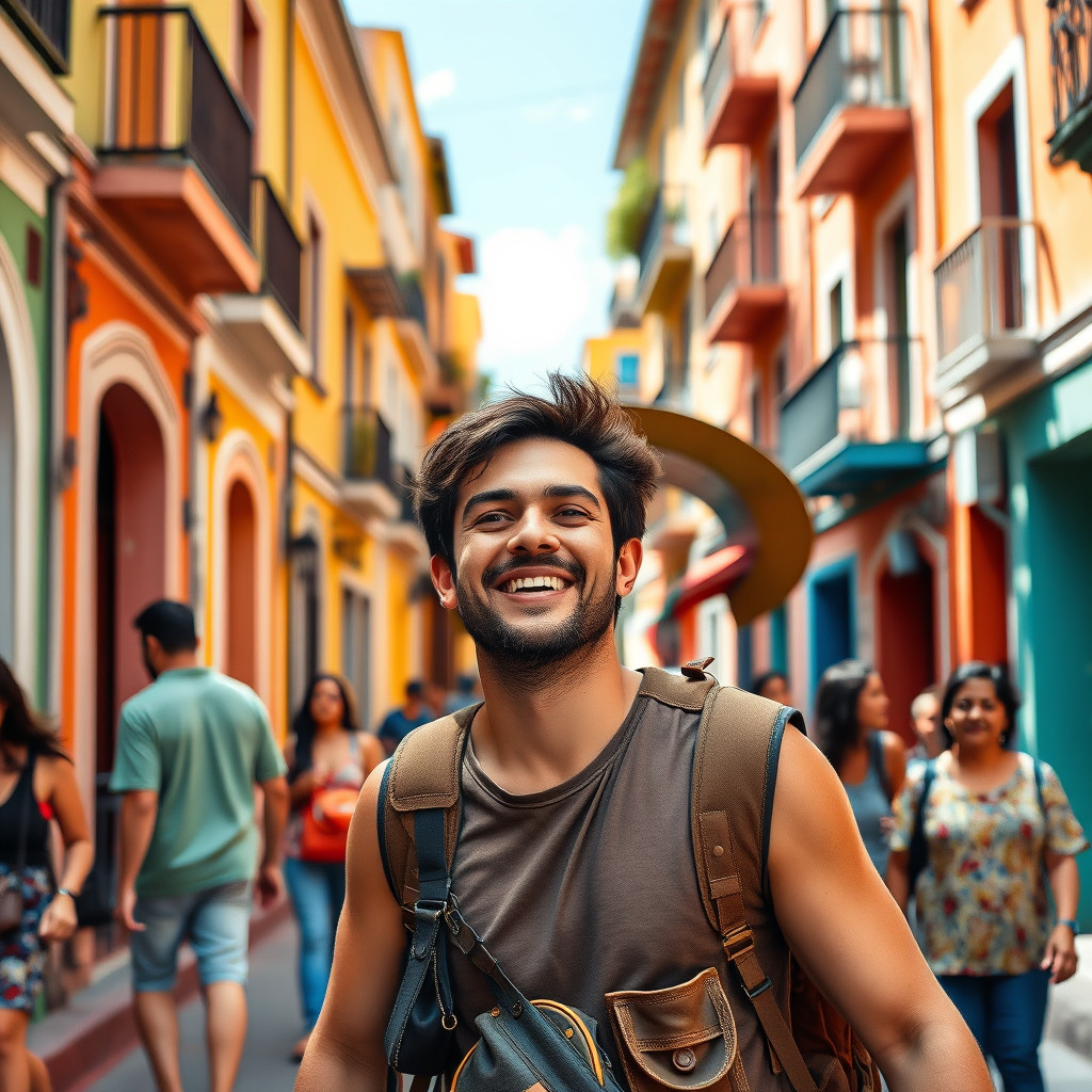 Traveler exploring a vibrant, safe city street in Latin America surrounded by colorful buildings