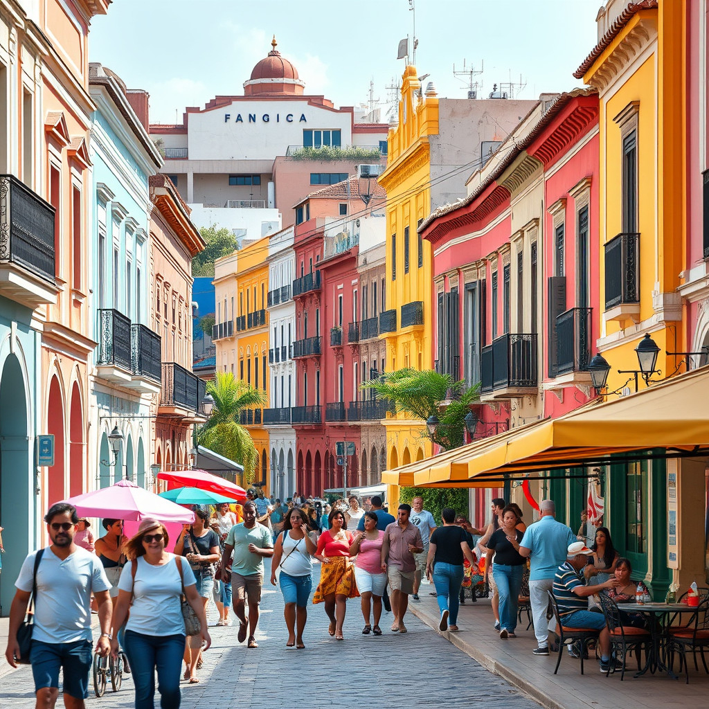 A vibrant street scene in a safe Latin American city with locals and tourists enjoying the lively atmosphere