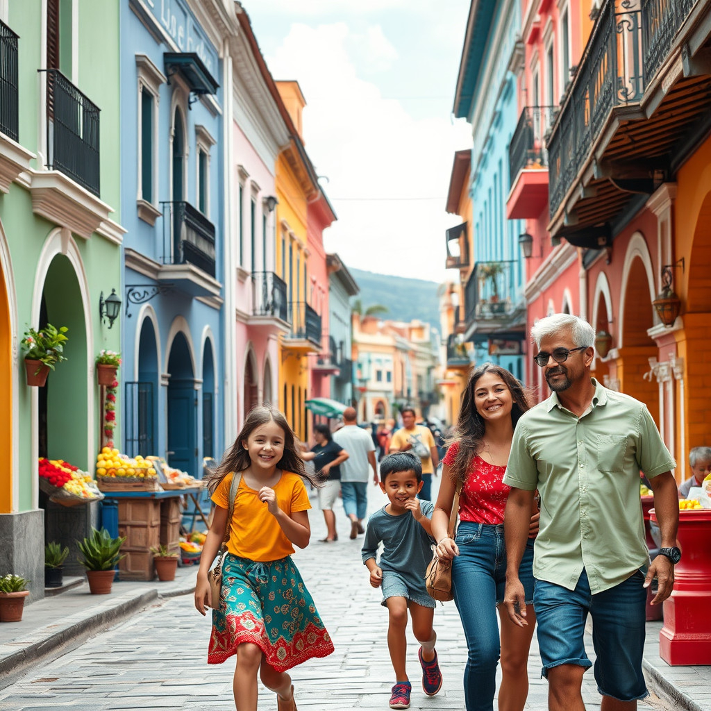 A happy family exploring a safe and colorful Latin American town together