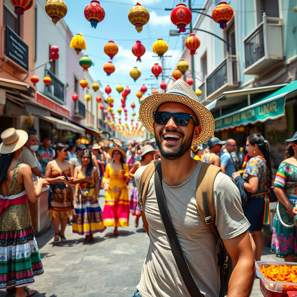 A traveler joyfully participating in a vibrant Latin American street festival with locals