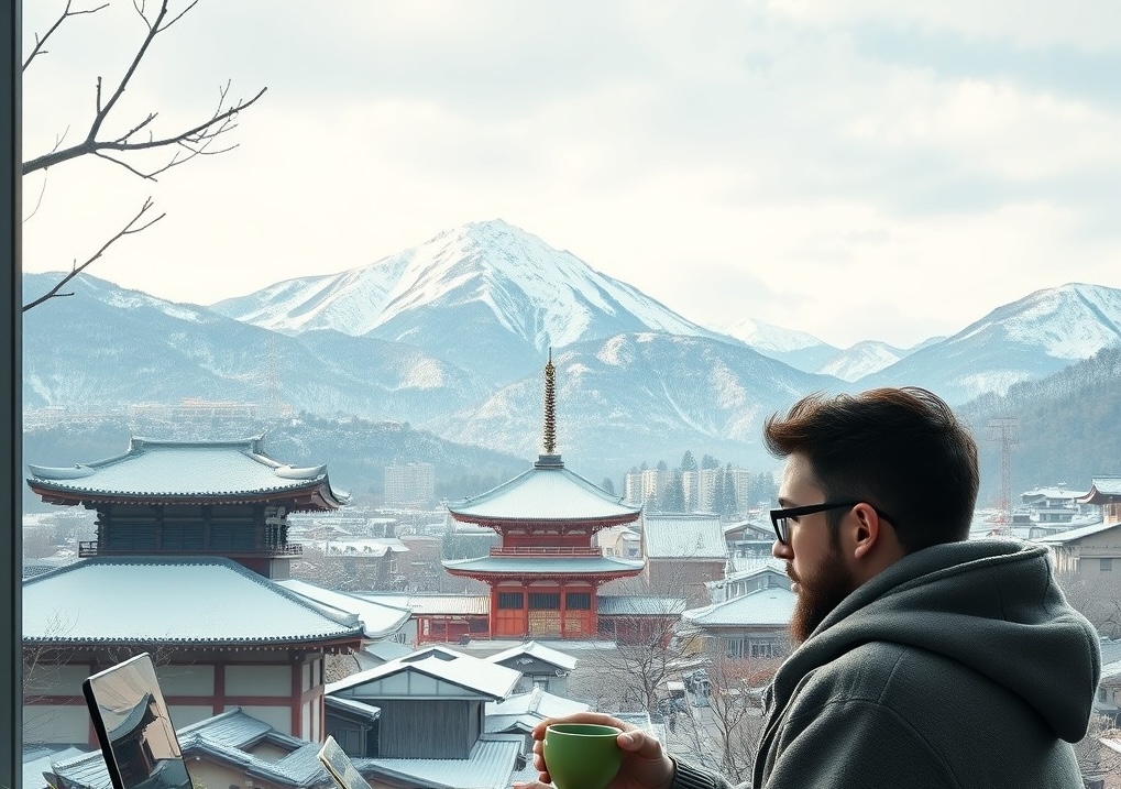 Digital nomad sipping green tea at workspace overlooking mountains and temple in Japan