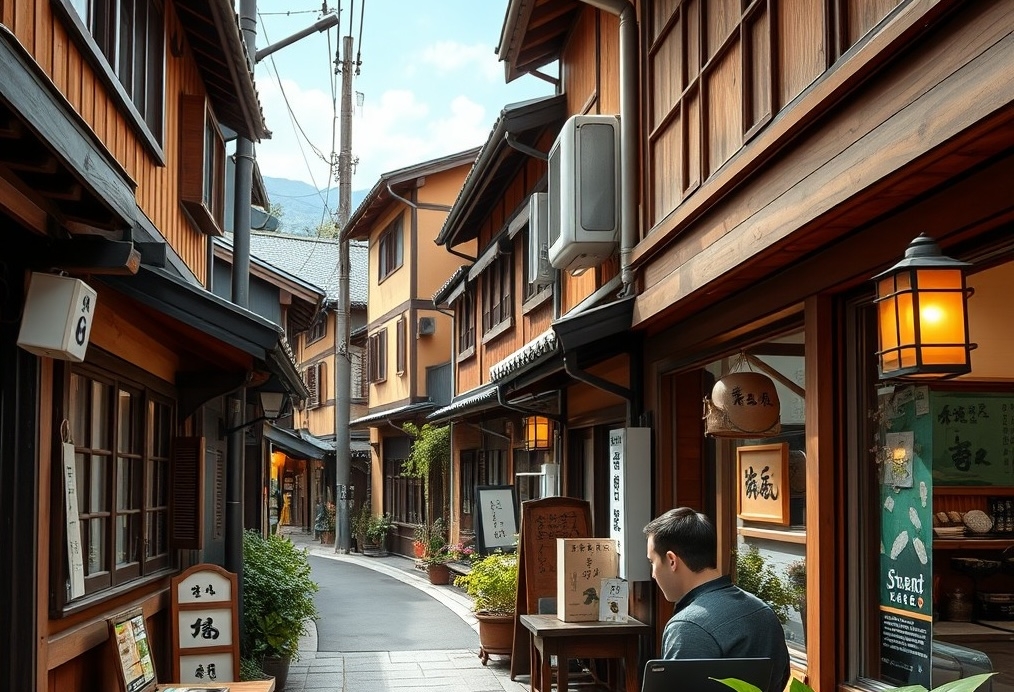 Digital nomad working in a café on traditional street in Takayama, Japan