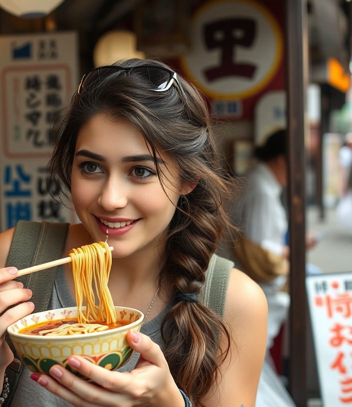 A young woman digital nomad enjoying Hakata ramen at street stall in Fukuoka, Japan.