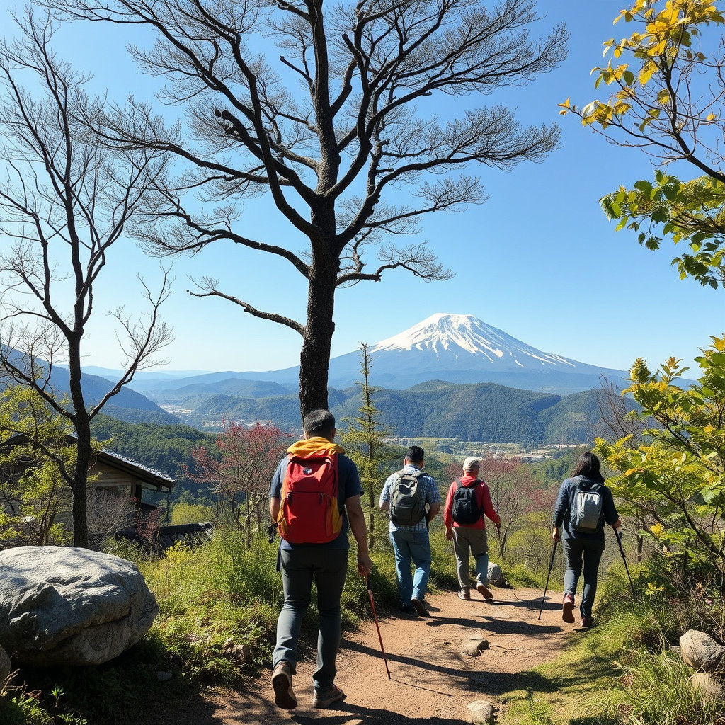 A group of people, hiking in Japan, enjoying nature with 