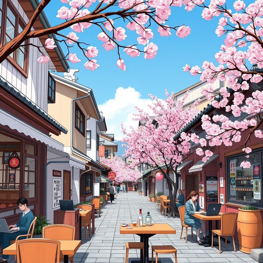 A small Japanese city where digital nomads work in a café amid traditional buildings and cherry blossoms