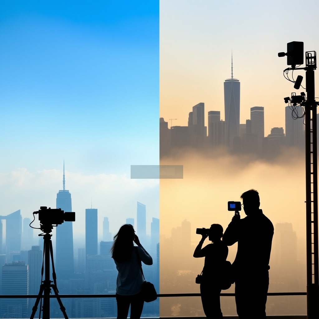 Split-screen image comparing two city skylines showing different air quality levels with people checking monitors