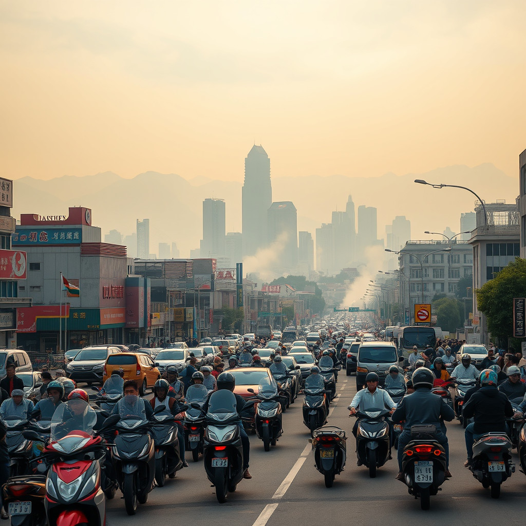 A view of Taipei's crowded streets filled with scooters and cars emitting exhaust under a hazy sky