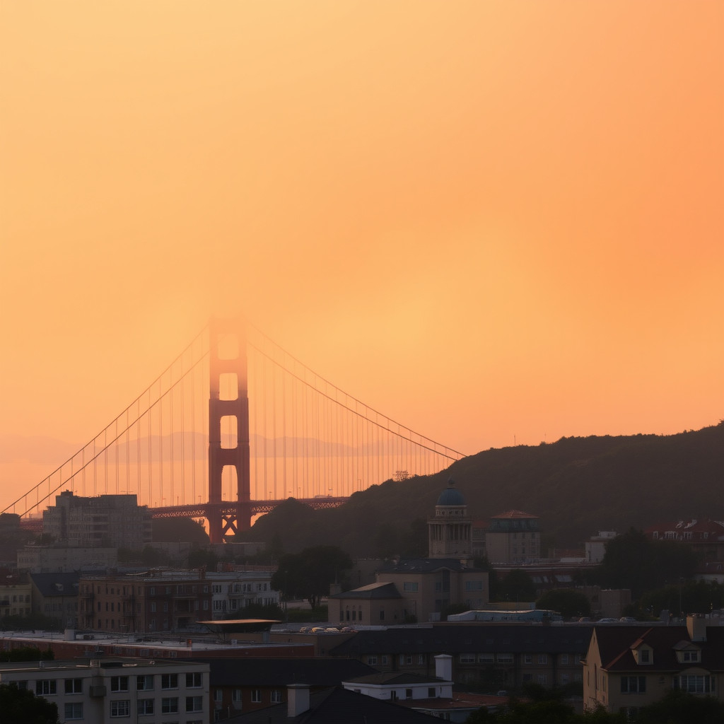 San Francisco's Golden Gate Bridge enveloped in orange-tinted smoky haze from distant wildfires