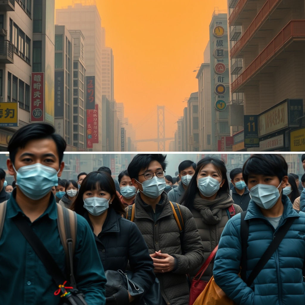 Side-by-side scenes of Taipei people wearing masks in smog and San Francisco under orange skies from wildfire smoke