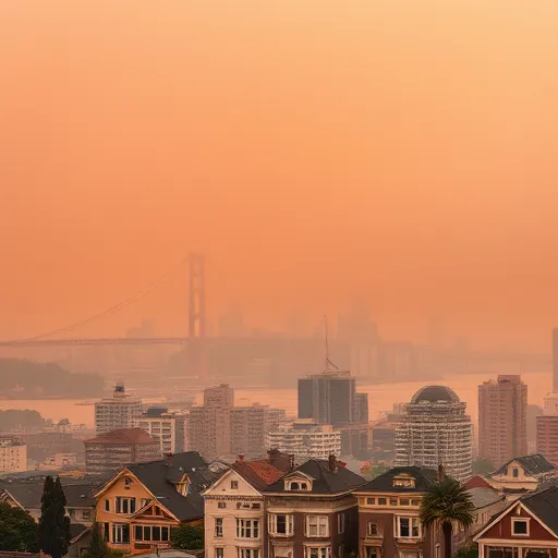 A scene of San Francisco shows air pollution shrouded in smoky haze from wildfires, orange tint on the sky