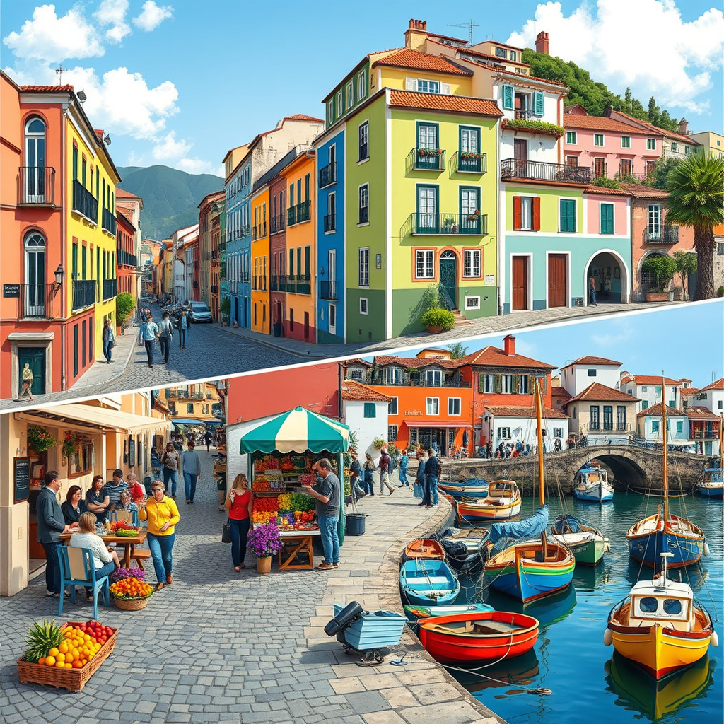 Vibrant street scene in Funchal with historic buildings and market, and colorful fishing boats in Câmara de Lobos