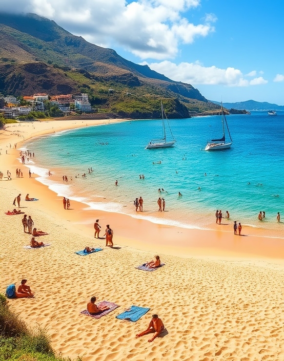 Sunny Calheta beach with golden sand, between mountains and sea