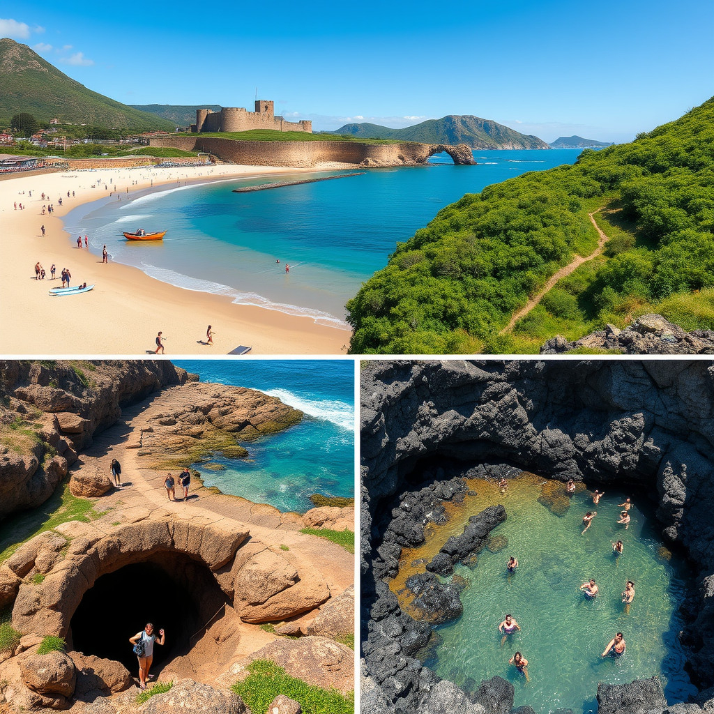 Machico's historic bay and sandy beach, São Vicente's lush landscapes and caves, and Porto Moniz's natural lava pools with swimmers