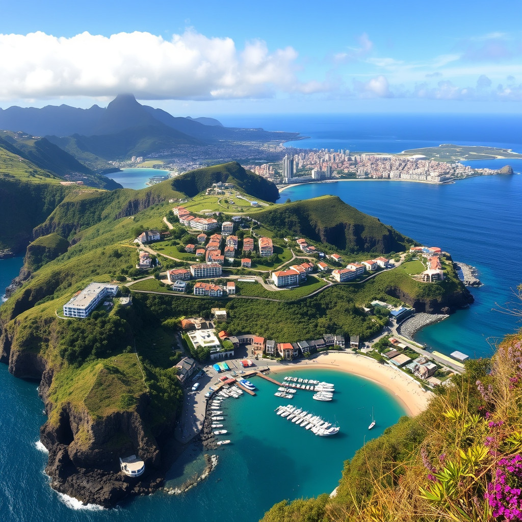 Panoramic view of Madeira's best places to stay with hotels and villas in Funchal and coastal villages overlooking the ocean